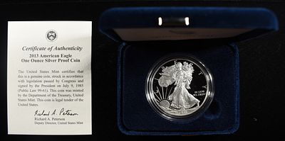 2013-W AMERICAN SILVER EAGLE PROOF. WEEKLY COIN & CURRENCY AUCTIONS ESTIMATE $100 - $150.