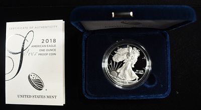 2018-W AMERICAN SILVER EAGLE PROOF. WEEKLY COIN & CURRENCY AUCTIONS ESTIMATE $100 - $150.