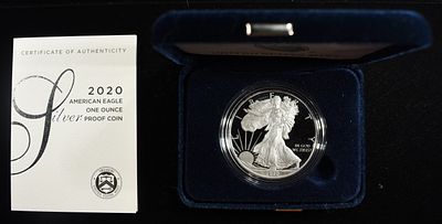 2020-S AMERICAN SILVER EAGLE PROOF. LEADERS IN ON-LINE AUCTIONS ESTIMATE $100 - $150.