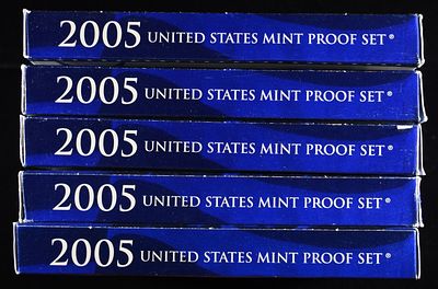 (5) 2005 MINT PROOF SETS. LEADERS IN ON-LINE AUCTIONS ESTIMATE $60 - $80.