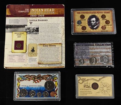 (5) COIN SETS AND PLAQUES. INCLUDING (2) INDIAN CENTS, (3) WHEAT CENTS, (1) STEEL CENT, (2) 