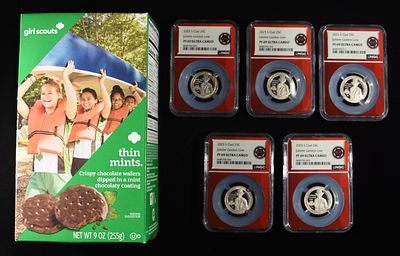 (5) 2025-S CLAD JULIETTE GORDON LOW 25C NGC PF69. ULTRA CAMEO, INCLUDING BOX OF GIRL SCOUT THIN 