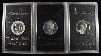 1974 & (2) 1971 EISENHOWER PROOF DOLLARS. ALL WITHOUT PACKAGING ESTIMATE $130 - $180.