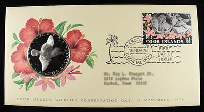 1976 $5 COOK ISLAND PROOF 50% SILVER. COOK ISLAND WILDLIFE CONSERVATION DAY, 15 NOVEMBER, 1976 