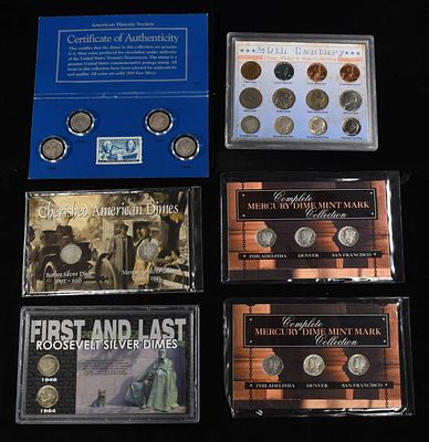 (6) COIN SETS AND PLAQUES. INCLIDING (17) 90% SILVER DIMES, (1) WAR NICKEL & (8) NON SILVER 