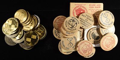 (21) ASHLAND, OHIO TOKENS & (21) WOODEN TOKENS. BID WITH SILVER CITY AUCTIONS ESTIMATE $110 - $160.