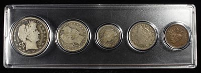 BARBER 10C, 25C, 50C, 'V' 5C & INDIAN CENT. 1904-O BARBER HALF DOLLAR, 1908-D BARBER QUARTER 