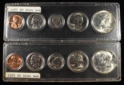 (2) 1965 DATE SETS. WEEKLY COIN & CURRENCY AUCTIONS ESTIMATE $75 - $100.