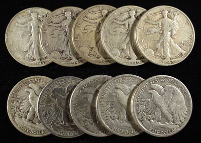 (10) 90% SILVER WALKING LIBERTY HALF DOLLARS. LEADERS IN ON-LINE AUCTIONS ESTIMATE $330 - $380.
