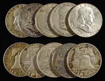 (10) FRANKLIN HALF DOLLARS. CHECK OUT OUR UPCOMING AUCTIONS ESTIMATE $300 - $350.