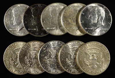 (10) 90% SILVER KENNEDY HALF DOLLARS. WEEKLY COIN & CURRENCY AUCTIONS ESTIMATE $300 - $350.