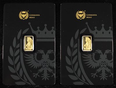 (2) GERMANIA MINT 1/200TH .9999 GOLD BAR PROOF. LEADERS IN ON-LINE AUCTIONS ESTIMATE $75 - $100.