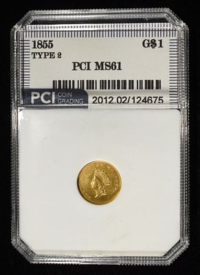 1855 $1 GOLD TYPE-2 PCI BU. TOP RATED AUCTION HOUSE ESTIMATE $1400 - $1900.