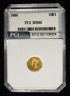 1862 $1 GOLD PCI GEM BU. CHECK OUT OUR UPCOMING AUCTIONS ESTIMATE $1300 - $1800.