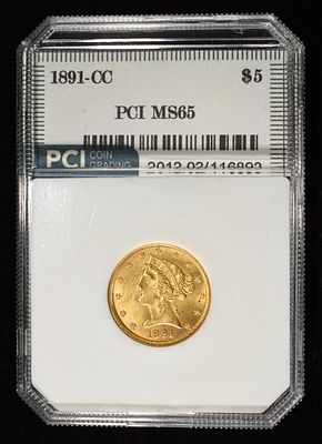 1891-CC $5 GOLD PCI GEM BU. CHECK OUT OUR UPCOMING AUCTIONS ESTIMATE $8500 - $9000.
