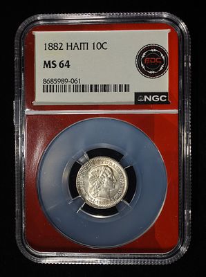 1882 HAITI 10C NGC MS-64. TOP RATED AUCTION HOUSE ESTIMATE $180 - $220.