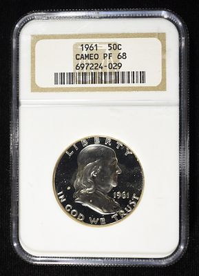 1961 FRANKLIN HALF DOLLAR NGC PF-68 CAMEO. BID WITH SILVER CITY AUCTIONS ESTIMATE $300 - $350.
