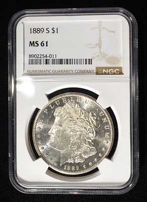1889-S MORGAN DOLLAR NGC MS-61. TOP RATED AUCTION HOUSE ESTIMATE $400 - $500.