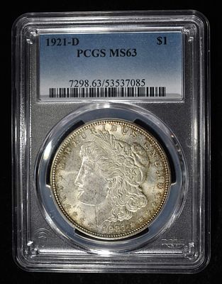 1921-D MORGAN DOLLAR PCGS MS-63. WEEKLY COIN & CURRENCY AUCTIONS ESTIMATE $200 - $250.