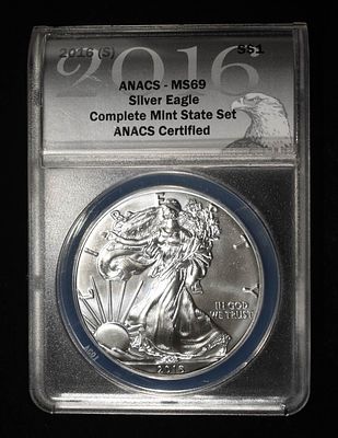 2016 (S) AMERICAN SILVER EAGLE ANACS MS69. WEEKLY COIN & CURRENCY AUCTIONS ESTIMATE $120 - $170.