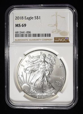 2018 AMERICAN SILVER EAGLE NGC MS69. LEADERS IN ON-LINE AUCTIONS ESTIMATE $120 - $170.