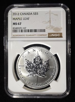 2012 $5 CANADA SILVER MAPLE LEAF NGC MS67. LEADERS IN ON-LINE AUCTIONS ESTIMATE $80 - $120.