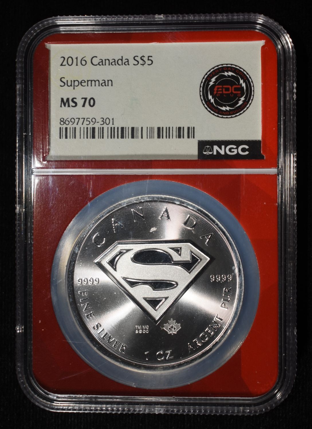 2016 CANADA SUPERMAN 1 OZ .999 SILVER NGC MS70