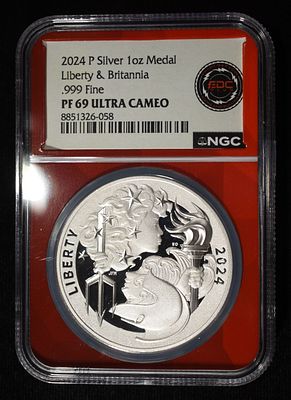 2024-P LIB & BRIT 1 OZ SILVER NGC PF69 UCAM. TOP RATED AUCTION HOUSE ESTIMATE $110 - $160.