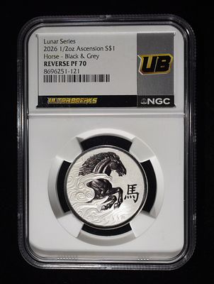 2026 ASCENSION 1/2 OZ SILVER HORSE NGC REV PF-70. BLACK & GREY ESTIMATE $150 - $200.