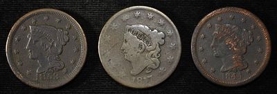1817, 1844, 1853 LARGE CENTS. LEADERS IN ON-LINE AUCTIONS ESTIMATE $60 - $80.