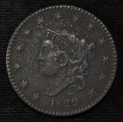 1829 LARGE CENT VF POROUS. WEEKLY COIN & CURRENCY AUCTIONS ESTIMATE $100 - $130.