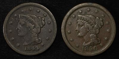 1845 FINE & 1850 VF LARGE CENTS. BID WITH SILVER CITY AUCTIONS ESTIMATE $75 - $100.