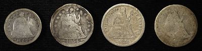 1854 HALF DIME, & 1854, 75-CC, 76 SEATED DIMES. BID WITH SILVER CITY AUCTIONS ESTIMATE $75 - $100.
