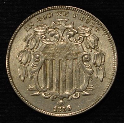 1866 SHIELD NICKEL AU. WEEKLY COIN & CURRENCY AUCTIONS ESTIMATE $200 - $250.