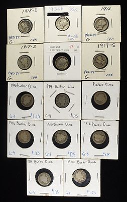 (8) BARBER DIMES & (6) MERC DIMES CIRC. TOP RATED AUCTION HOUSE ESTIMATE $60 - $80.