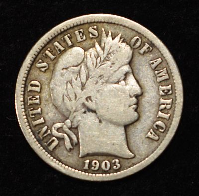 1903-S BARBER DIME FINE. WEEKLY COIN & CURRENCY AUCTIONS ESTIMATE $400 - $500.