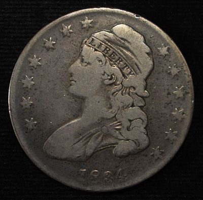 1834 BUST HALF DOLLAR FINE. LEADERS IN ON-LINE AUCTIONS ESTIMATE $100 - $130.