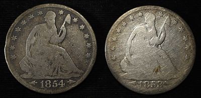 1853 & 1854 SEATED LIBERTY HALF DOLLARS. WEEKLY COIN & CURRENCY AUCTIONS ESTIMATE $150 - $200.