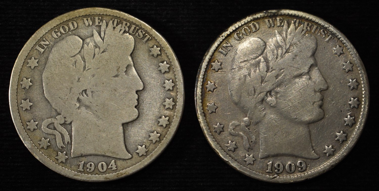 1904-O GOOD & 1909-S FINE BARBER HALVES
