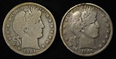 1904-O GOOD & 1909-S FINE BARBER HALVES. BID WITH SILVER CITY AUCTIONS ESTIMATE $100 - $130.