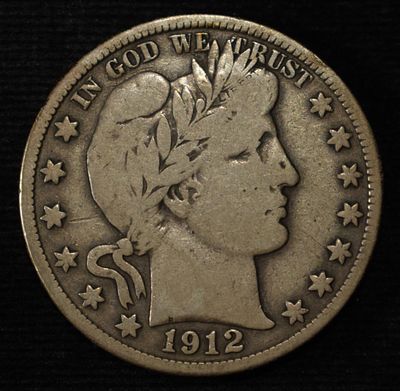 1912-S BARBER HALF DOLLAR FINE. LEADERS IN ON-LINE AUCTIONS ESTIMATE $60 - $80.
