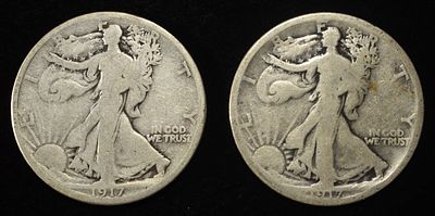 (2) 1917-S WALKING LIBERTY HALF DOLLARS. BID WITH SILVER CITY AUCTIONS ESTIMATE $150 - $200.