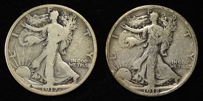 1917-S VG, & 18-S FINE WALKING LIBERTY HALVES. LEADERS IN ON-LINE AUCTIONS ESTIMATE $80 - $100.