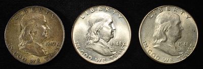 1948-P,D & 1949-D FRANKLIN HALVES. TOP RATED AUCTION HOUSE ESTIMATE $100 - $130.
