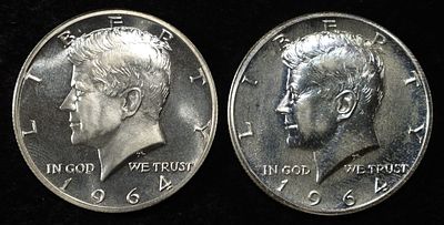(2) 90% SILVER 1964 KENNEDY HALF DOLLARS PROOF BU. BID WITH SILVER CITY AUCTIONS ESTIMATE $90 - $130.