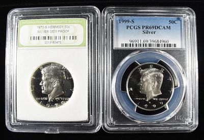 1970-S & 1999-S KENNEDY HALF DOLLARS GRADED. 1970-S KENNEDY 50C INB GEM PROOF & 1999-S KENNEDY 