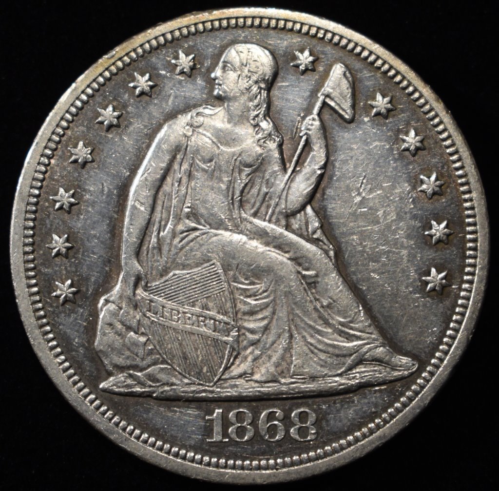 1868 SEATED LIBERTY DOLLAR AU/BU GREAT LUSTER