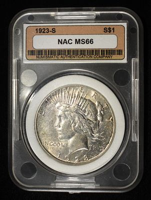 1923-S PEACE DOLLAR NAC SUPERB GEM BU. LEADERS IN ON-LINE AUCTIONS ESTIMATE $1000 - $1200.