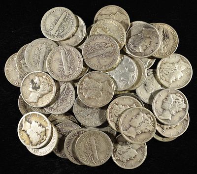 (50) MERCURY DIMES. WEEKLY COIN & CURRENCY AUCTIONS ESTIMATE $440 - $490.