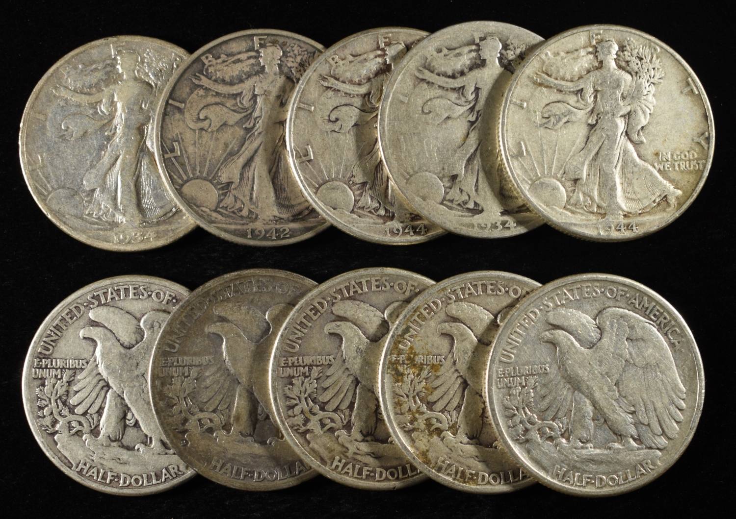 (10) 90% SILVER WALKING LIBERTY HALF DOLLARS